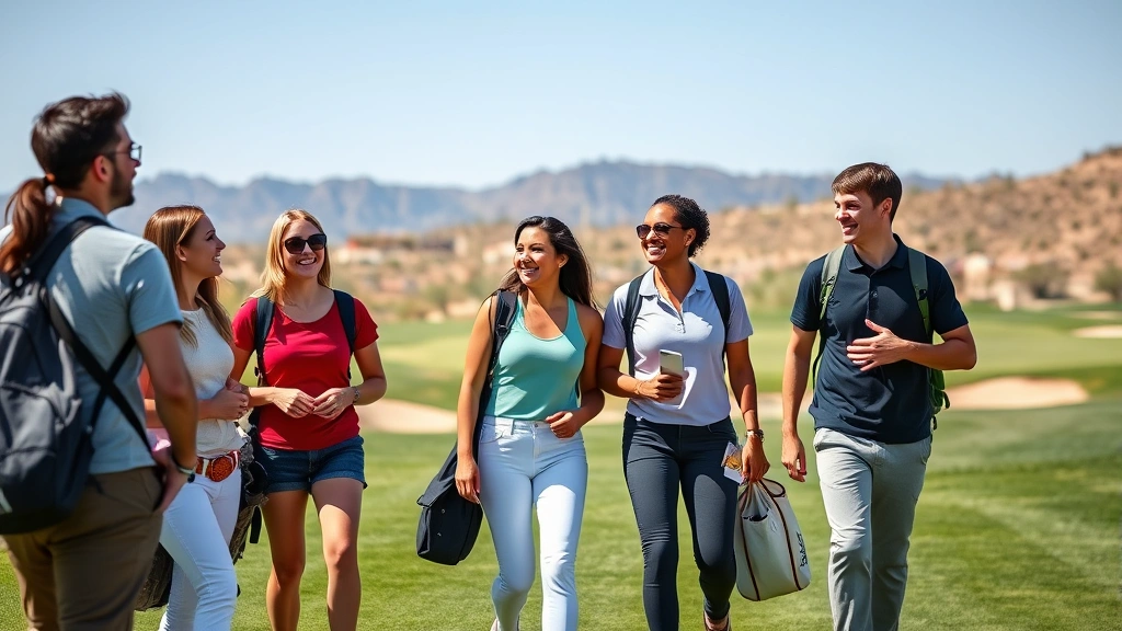 Group of diverse students laughing together on fairway at golf course, walking toward green, carrying golf bags, desert scenery, sunny day, casual collegiate atmosphere