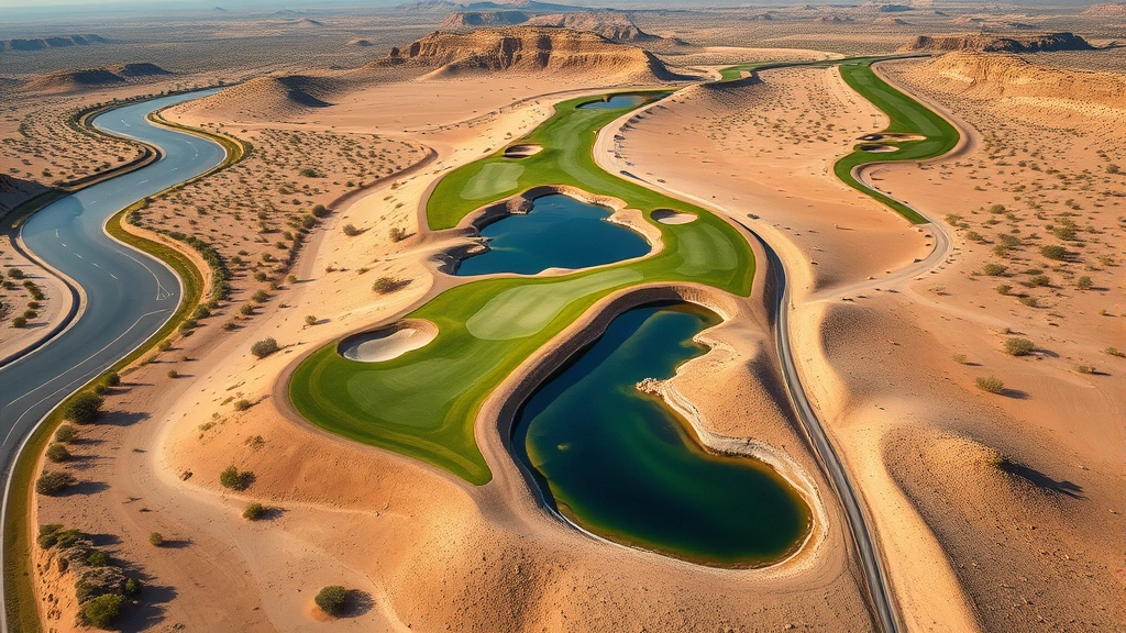 Aerial view of desert golf hole with strategic water hazard, bunkers, and fairway layout, showing course design and strategic elements