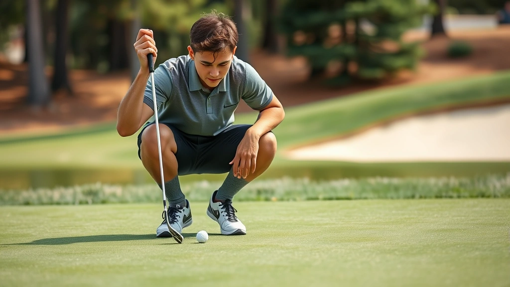 Student golfer crouched down reading putting green, analyzing slope before putt, professional stance, sand bunker visible in background, concentrated determination