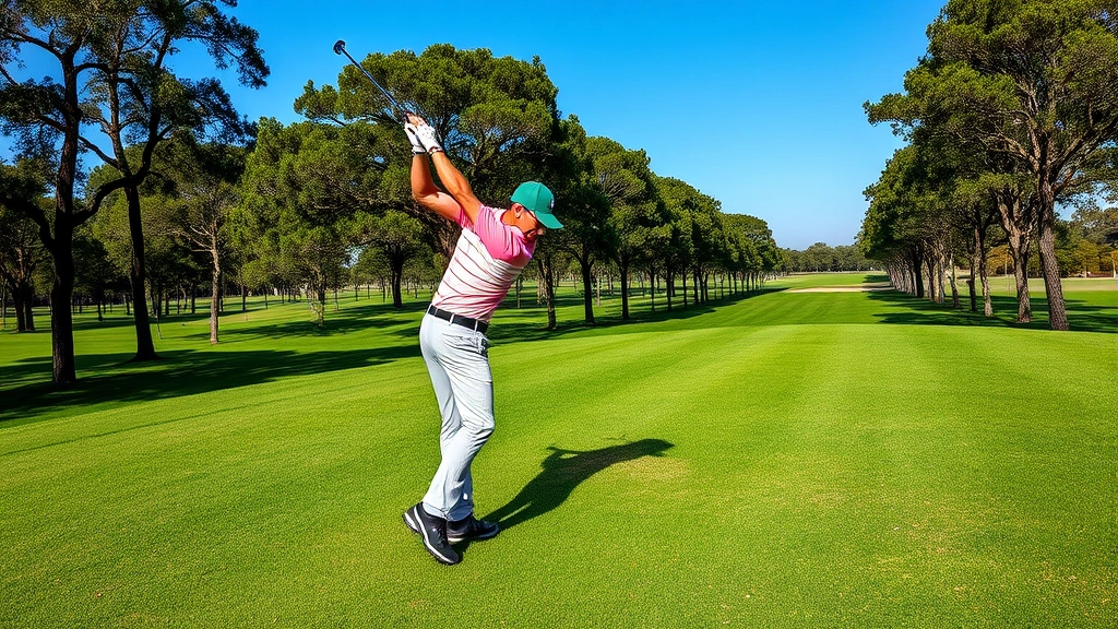 A golfer mid-swing on a beautiful fairway with trees lining the course, showing transition phase with proper body rotation, clear blue sky, natural lighting highlighting form and movement
