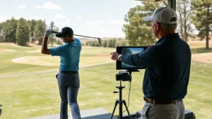 Professional golf instructor analyzing student's swing mechanics using video feedback technology on outdoor practice range, golfer in mid-swing position with instructor pointing at monitor, natural daylight setting with manicured fairways and trees in background