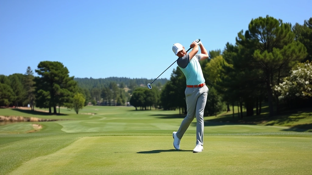 Professional golfer executing perfect tee shot on championship golf course with manicured fairway, clear blue sky, natural landscape background, mid-swing motion captured