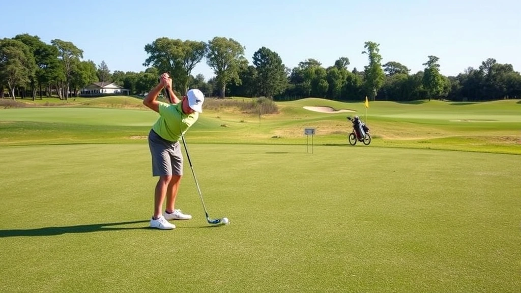 Golfer practicing short game near putting green with various clubs, demonstrating chip shot technique on practice area, realistic daylight conditions, natural course setting