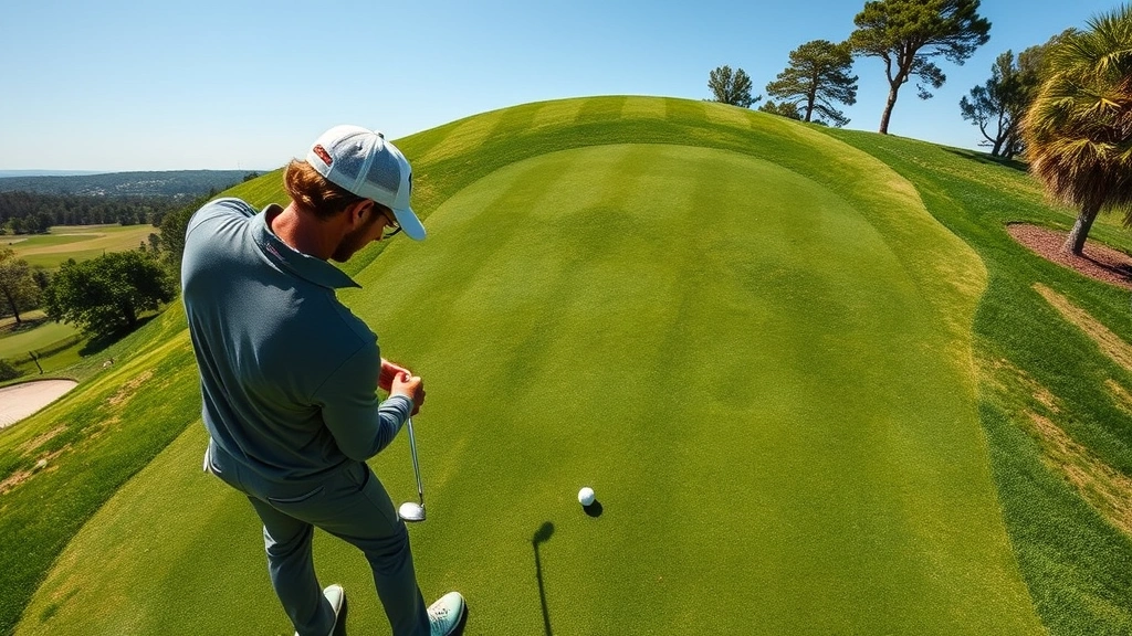 Overhead view of golfer reading green before putting, studying slope and terrain, focused concentration, premium green conditions, natural lighting on golf course