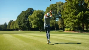 Professional golfer mid-swing on well-manicured fairway with trees and blue sky, showing proper golf form and concentration