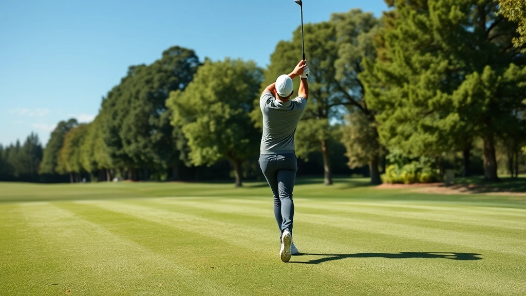 Professional golfer mid-swing on well-manicured fairway with trees and blue sky, showing proper golf form and concentration