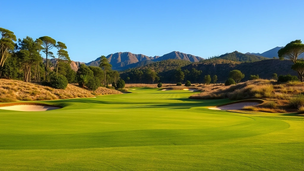 Scenic golf course hole with green fairway, sand bunkers, and natural landscape features, showing course design excellence