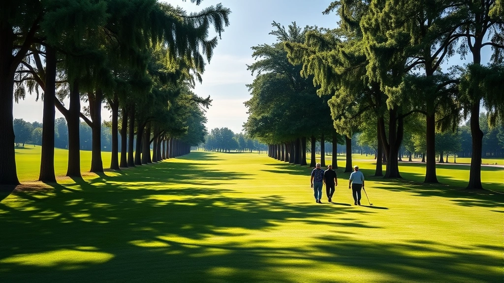 Golfers walking fairway lined with mature trees on sunny morning, lush green grass, blue sky, peaceful course landscape