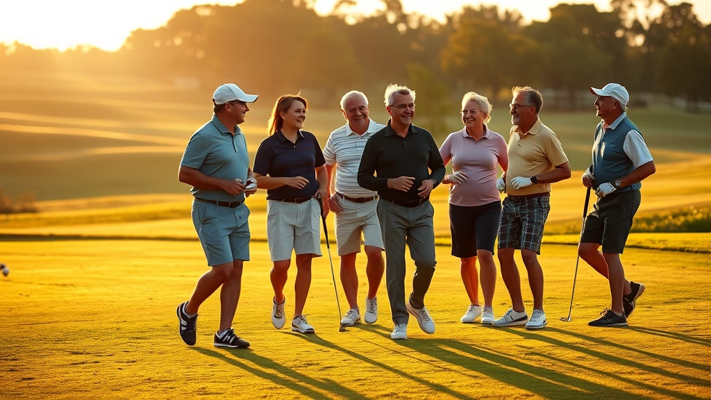 Group of diverse golfers enjoying round together on well-maintained fairway, laughing and conversing, late afternoon golden light, community feeling