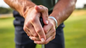 Close-up of golfer's hands demonstrating proper grip position on golf club, showing neutral hand alignment and finger positioning, outdoors at golf course