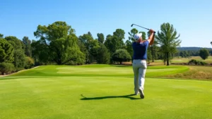 Golfer mid-swing on well-maintained fairway with manicured grass, clear blue sky, natural landscape background, professional golf course setting