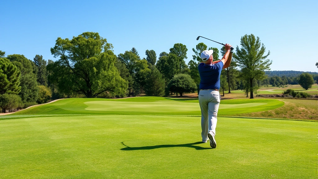 Golfer mid-swing on well-maintained fairway with manicured grass, clear blue sky, natural landscape background, professional golf course setting
