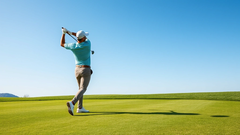 Golfer in mid-swing on lush fairway with manicured green grass, natural sunlight, clear blue sky background, professional golf course setting
