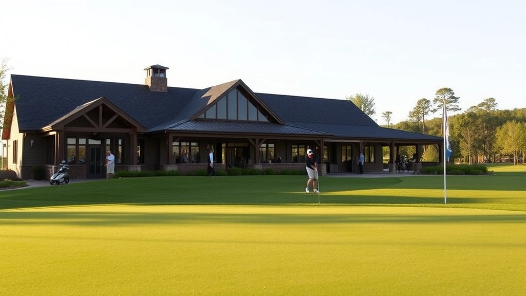 Golf course clubhouse exterior with practice putting green in foreground, golfers visible in distance, modern facility architecture, natural lighting