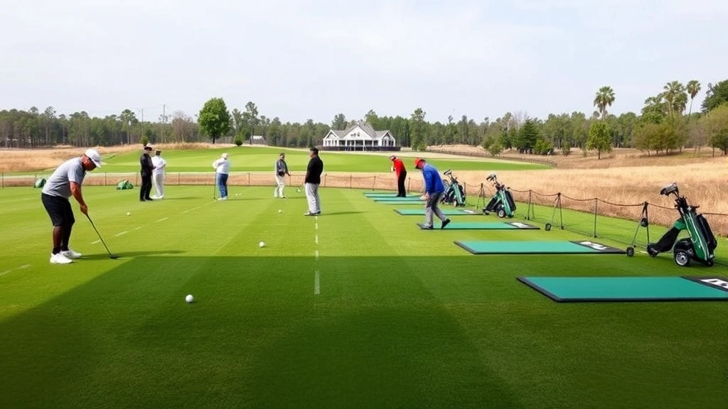 Practice range with golfers warming up, multiple balls on grass, driving mats visible, clubhouse structure in distance, natural course environment