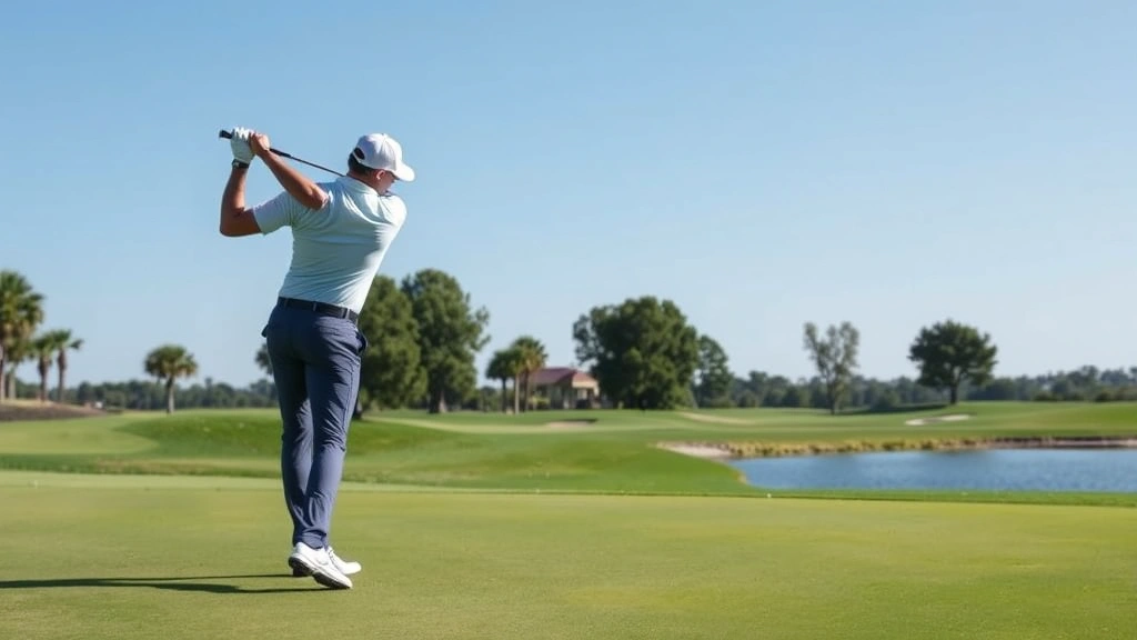 Professional golfer mid-swing at a well-maintained golf course with green fairway, water hazard visible in background, clear blue sky, natural lighting showing proper form and technique
