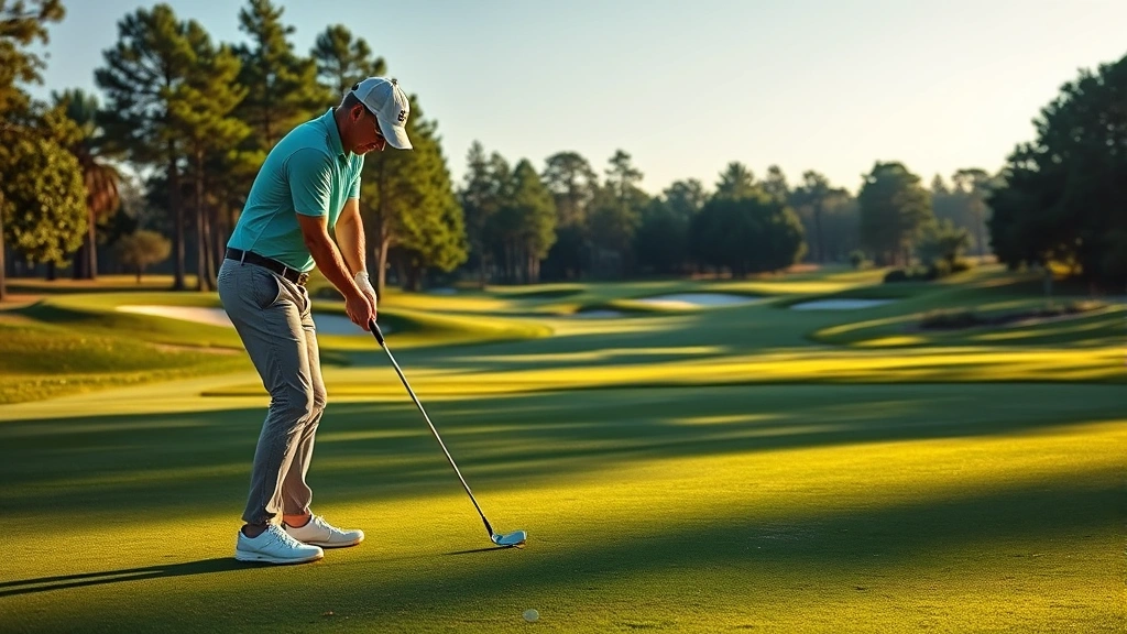 Golfer putting on pristine green with manicured landscape, bunkers and trees visible in background, morning light creating shadows, focused concentration expression