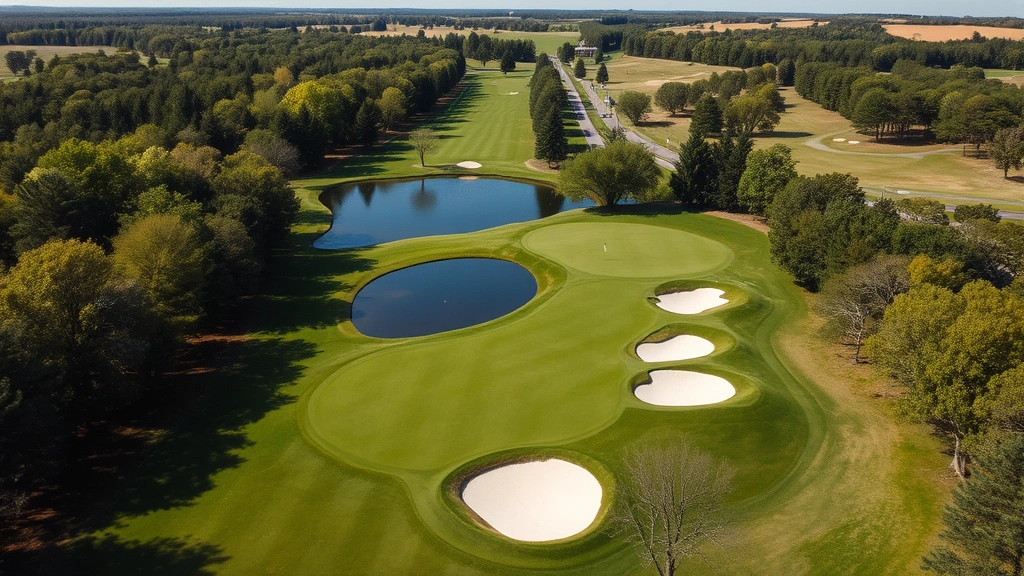 Wide aerial view of challenging golf hole with water feature, multiple bunkers, mature trees lining fairway, golfers in distance, professional course maintenance visible, natural Wisconsin landscape