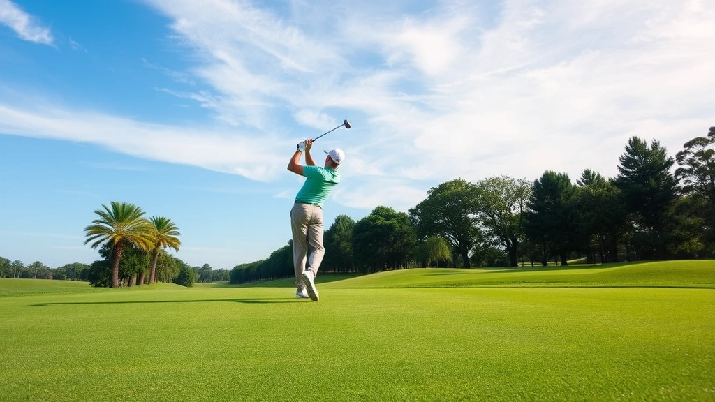 Professional golfer mid-swing on manicured fairway with blue sky, trees lining the hole, natural lighting, realistic golf course setting without any signage or text visible