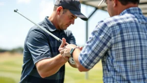 Adult golfer receiving personalized swing instruction from professional instructor on driving range, close-up of proper grip and posture demonstration, natural daylight, focused learning environment