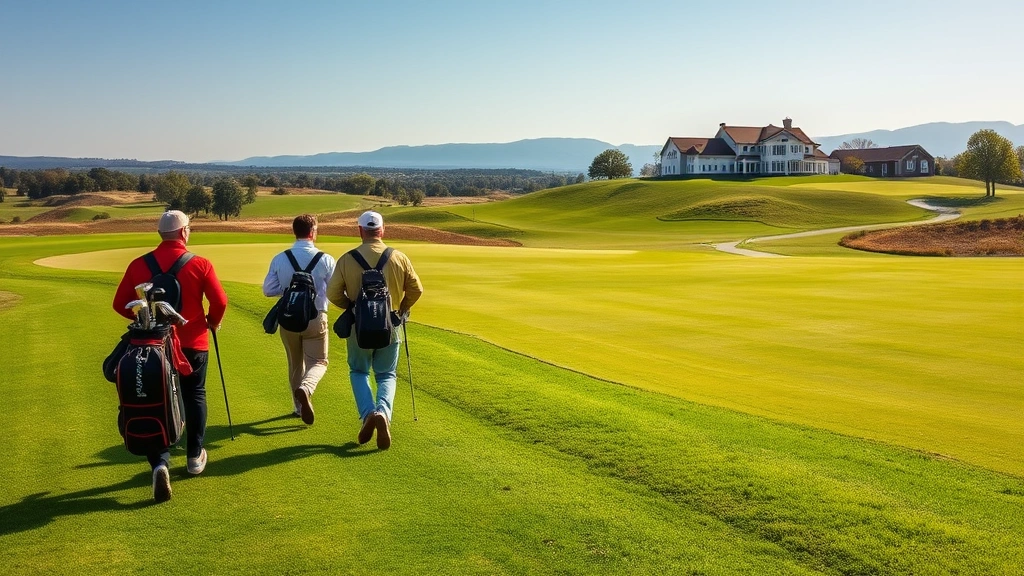 Golfers walking on pristine golf course with golf bags, scenic fairway landscape, clubhouse visible in distant background, natural daylight, peaceful course environment