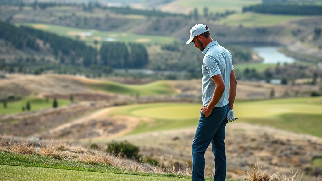Professional golfer analyzing course layout and elevation changes on rolling terrain with strategic water hazards and bunkers visible in the background, studying the hole design carefully