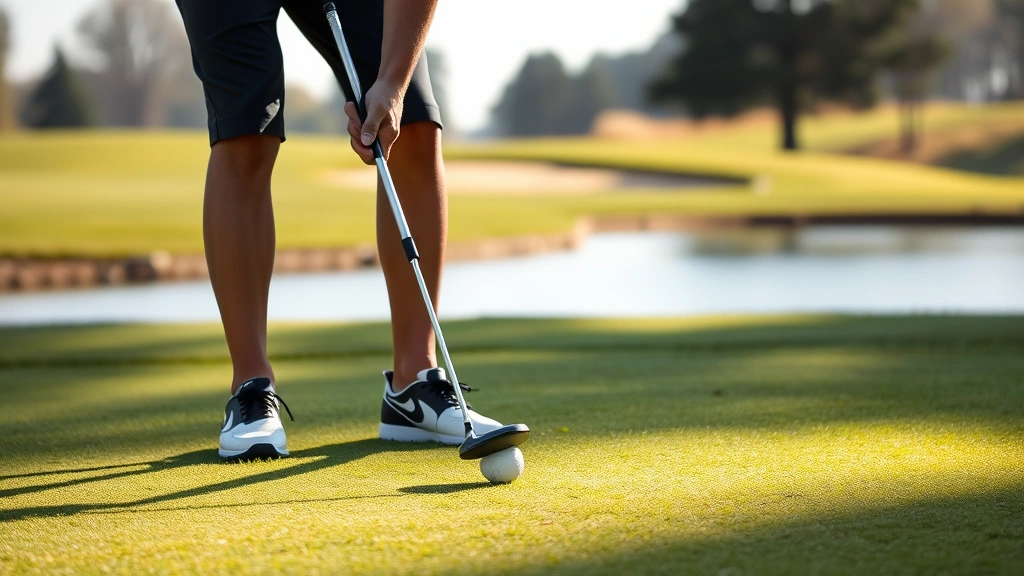 Professional golfer addressing ball on fairway with manicured grass and water hazard visible in background, sunlit morning conditions