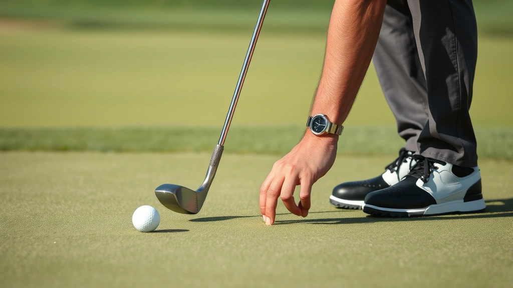 Golfer reading green with putter in hand, examining slope and grain patterns on putting surface, concentrated focus expression