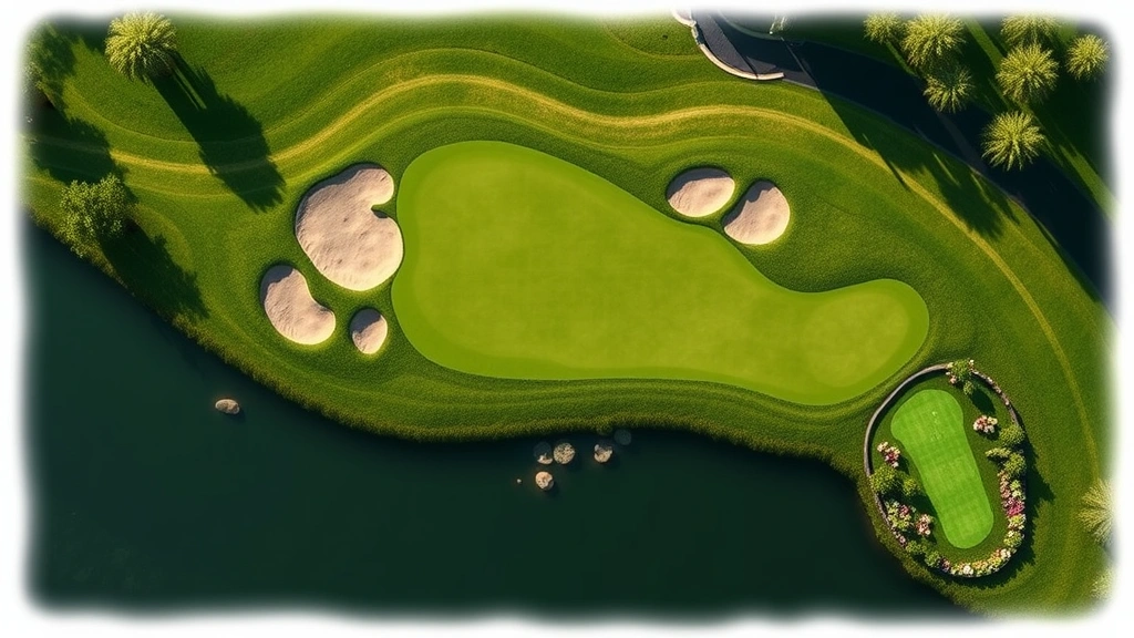 Overhead view of golf course hole showing fairway layout, strategic bunker positioning, water feature placement, and green complex design