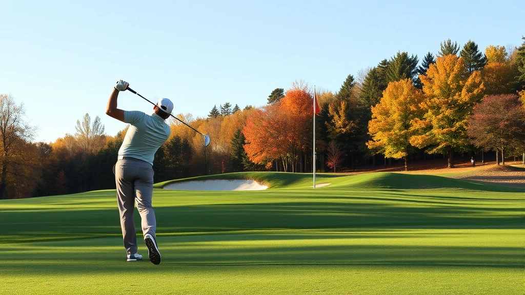 Golfer mid-swing on fairway with bunker and elevated green in background, autumn foliage surrounding course, clear sky and well-maintained turf visible