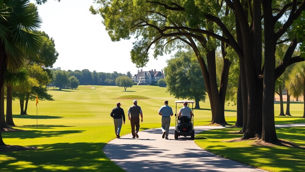Group of golfers walking on cart path through mature trees with fairway stretching ahead, clubhouse visible in distance, bright daylight and manicured course conditions