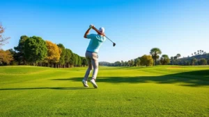 Golfer mid-swing on lush fairway with manicured grass, clear blue sky, trees lining course, natural lighting, photorealistic style