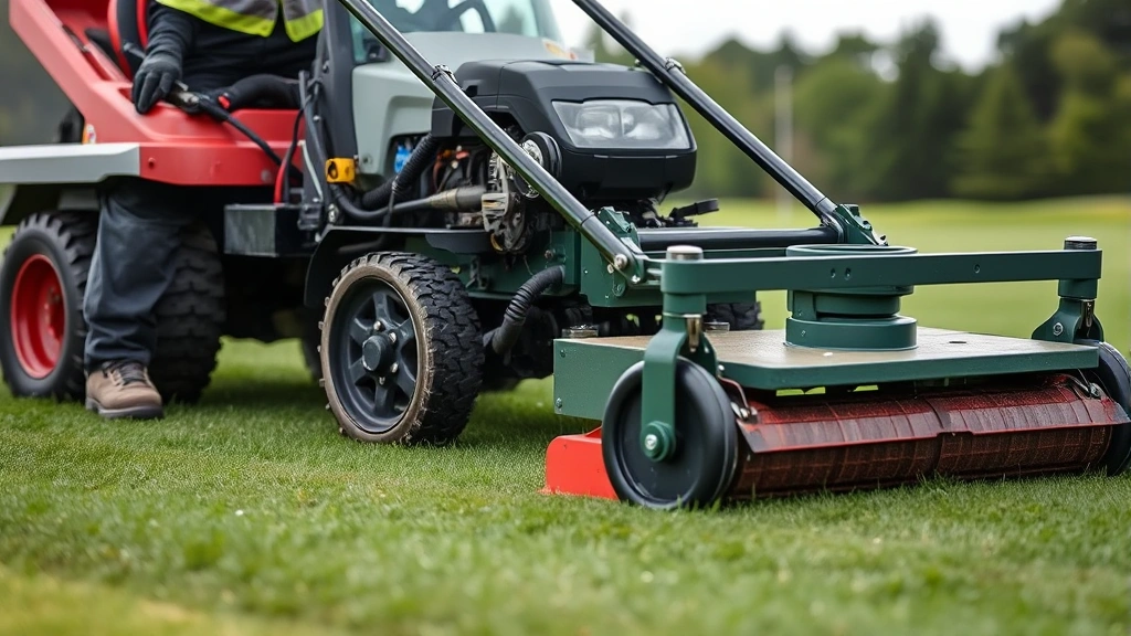 Close-up of a golf course maintenance worker operating professional turf care equipment on a green, demonstrating the technical expertise required for course upkeep and seasonal management