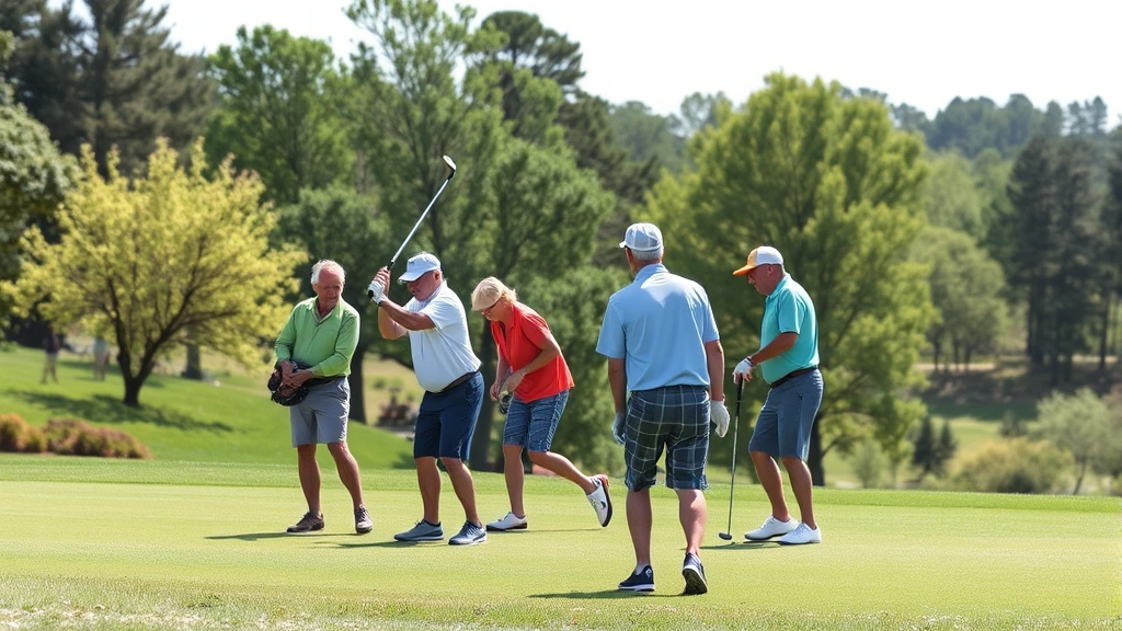 Group of diverse golfers of various ages playing on a scenic hole with trees and natural terrain, showing community recreation and the inclusive nature of public golf course operations