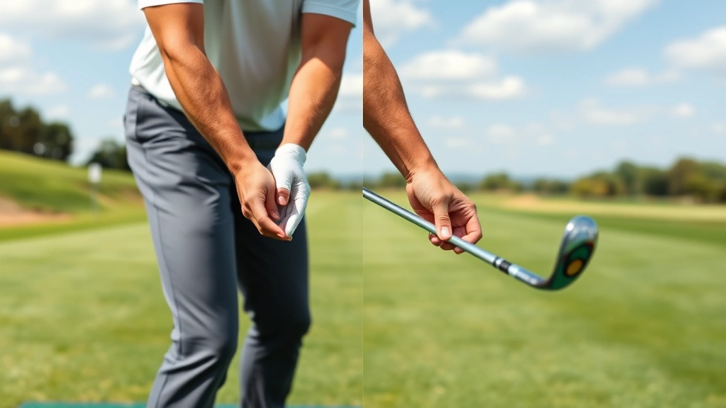 Professional golfer demonstrating proper grip and stance on driving range, hands showing correct hand positioning on golf club, athletic posture with bent knees and straight spine, natural outdoor golf facility setting