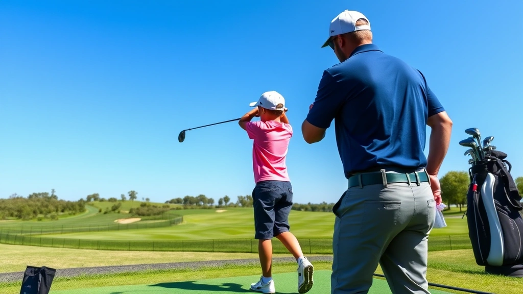 Junior golfer mid-swing on practice range with instructor observing, clear blue sky, manicured fairway in background, modern golf facility setting, positive coaching moment