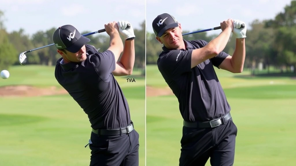 Golfer executing downswing with proper weight transfer, body rotation toward target, hands leading clubhead through impact zone, mid-swing action captured with clear form, professional course background with fairway and trees