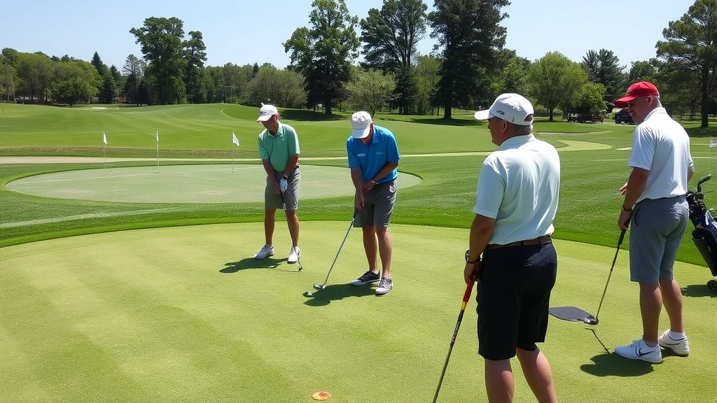 Golfers practicing short game at chipping area with multiple targets, putting green in background, bright daylight, mixed group of ages showing inclusive instruction program