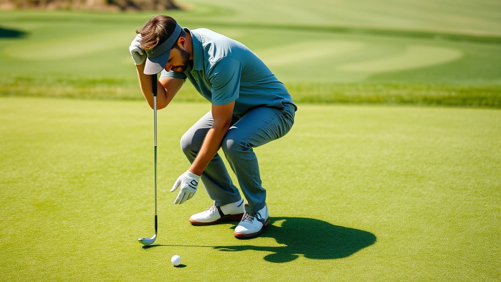 Golfer practicing short game on putting green, focused concentration on reading break and speed, bent over analyzing green slope, professional putting stance and grip, manicured practice green with multiple approach angles