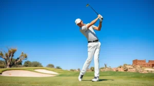 Professional golfer in mid-swing at a beautiful desert golf course with clear blue Arizona sky, sand bunkers visible, perfect form demonstrating proper posture and alignment during downswing motion