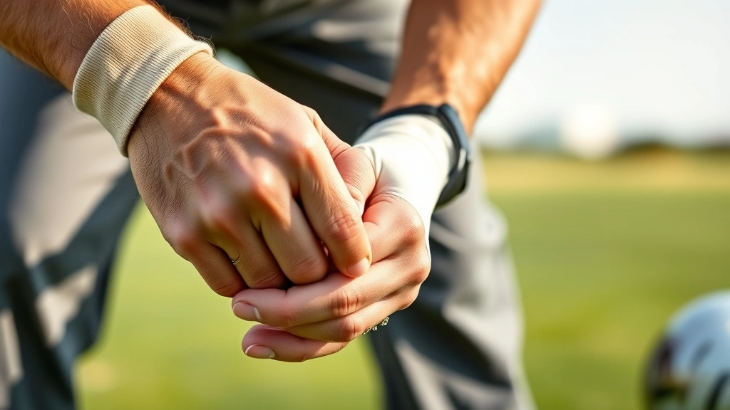 Close-up of golfer's hands showing proper grip technique on golf club, demonstrating overlapping grip style with relaxed yet firm positioning, natural daylight on practice range