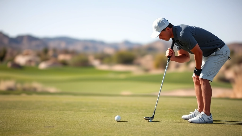 Golfer on putting green at desert course concentrating on short putt, bent over in pre-shot routine, with fairway and desert landscape blurred in background, focused expression showing mental game concentration