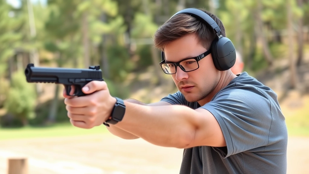 Adult student in outdoor shooting range wearing safety glasses and ear protection, practicing stance and grip on firearm at distance, instructor observing form, trees in background, natural daylight, focused concentration on face