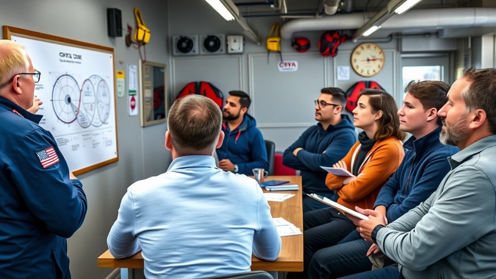 Diverse group of CCW course students in classroom setting listening to professional instructor pointing to wall diagram, taking notes, serious engaged expressions, modern training facility with safety equipment visible