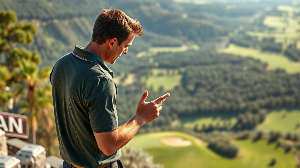 Professional golfer analyzing course layout from elevated viewpoint, studying fairway distances and hazard positions, natural sunlight, focused expression, hands gesturing at landscape features, green terrain visible below