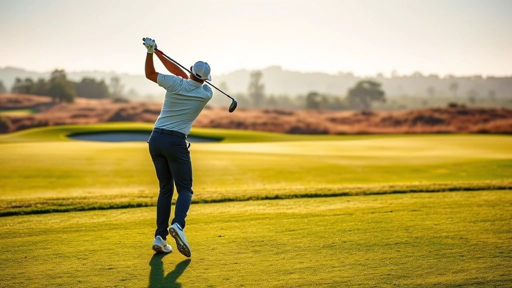 Golfer in full swing follow-through position on fairway, powerful athletic motion, course landscape in background, morning light creating shadows, precision and control evident in body position and posture