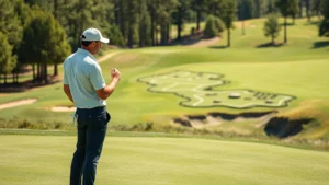Professional golfer analyzing course layout during tournament preparation, standing on fairway examining terrain and elevation changes, bright daylight