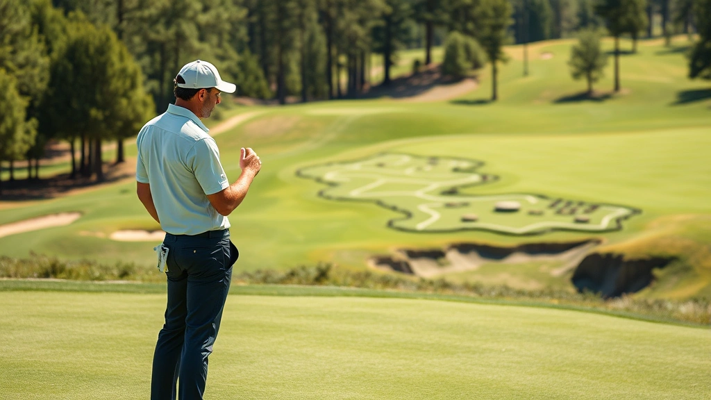 Professional golfer analyzing course layout during tournament preparation, standing on fairway examining terrain and elevation changes, bright daylight