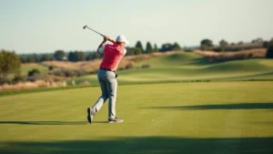 Professional golfer mid-swing on manicured fairway with perfectly groomed grass, natural landscape background, clear blue sky, soft natural lighting