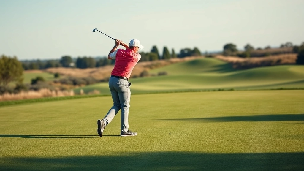 Professional golfer mid-swing on manicured fairway with perfectly groomed grass, natural landscape background, clear blue sky, soft natural lighting
